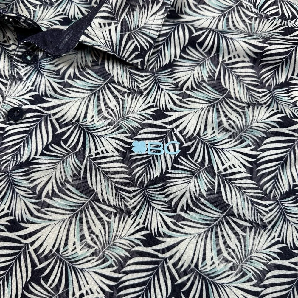 Black Clover‎ Men's Golf Polo Shirt XL AOP Palm Leaf Black White Stretch